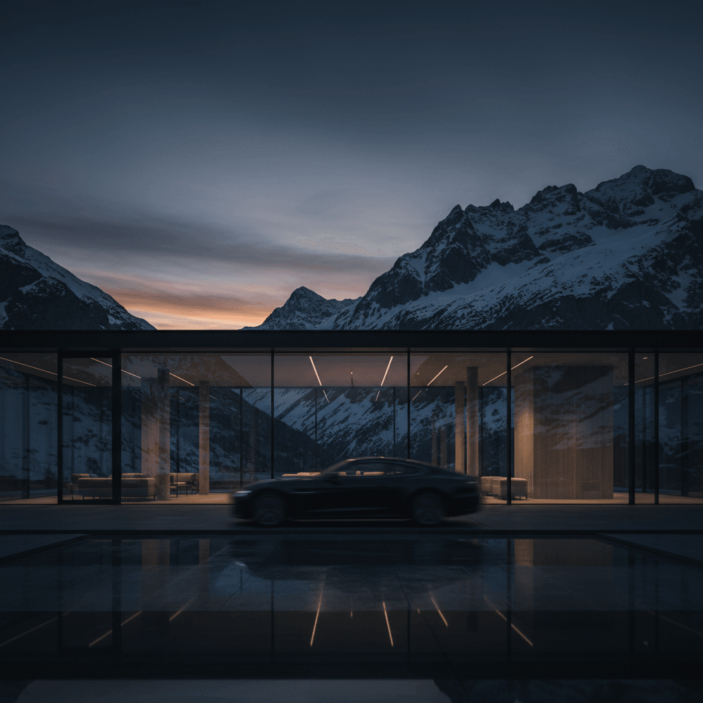 Architecture suisse contemporaine avec atmosphère automobile premium